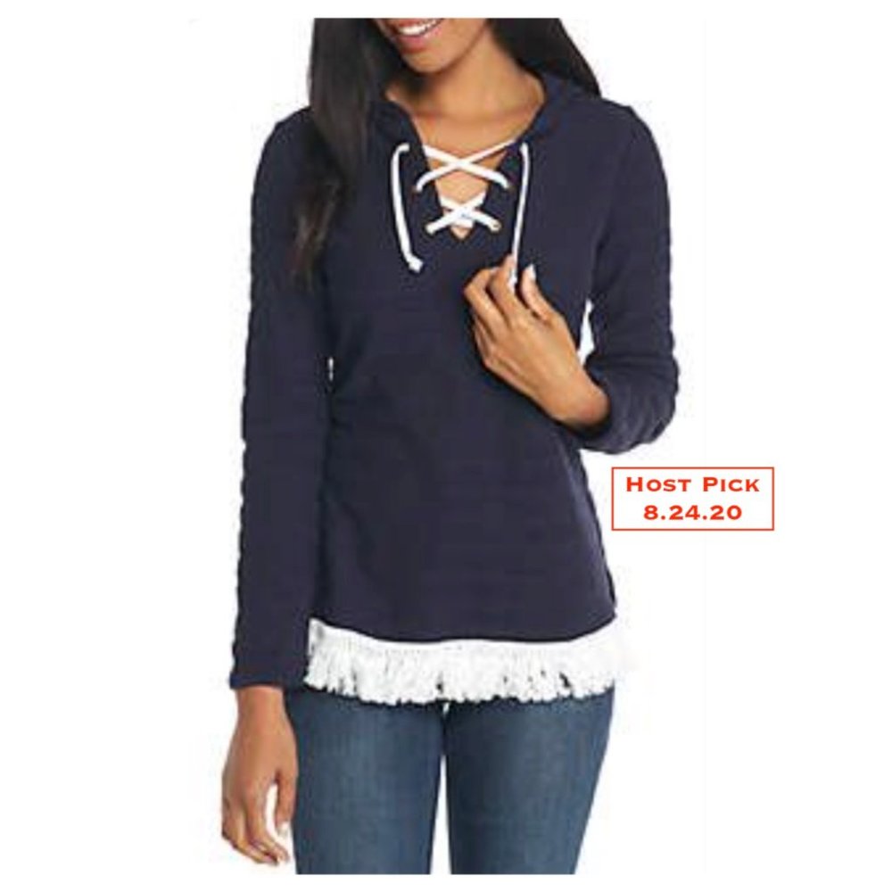 Crown.& Ivy Navy Tassel-Trim Pullover Hoodie SP